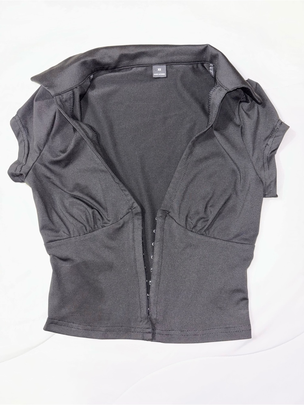 Black Hook-and-Eye Stretch Polo Crop Top